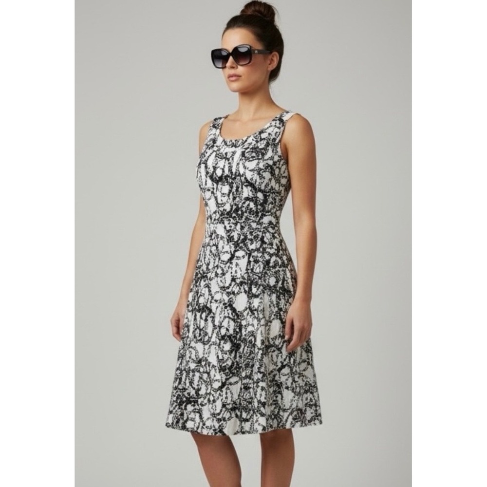 Calvin Klein Black White Abstract Print Fit Flare Dress Size 4 Career Summer